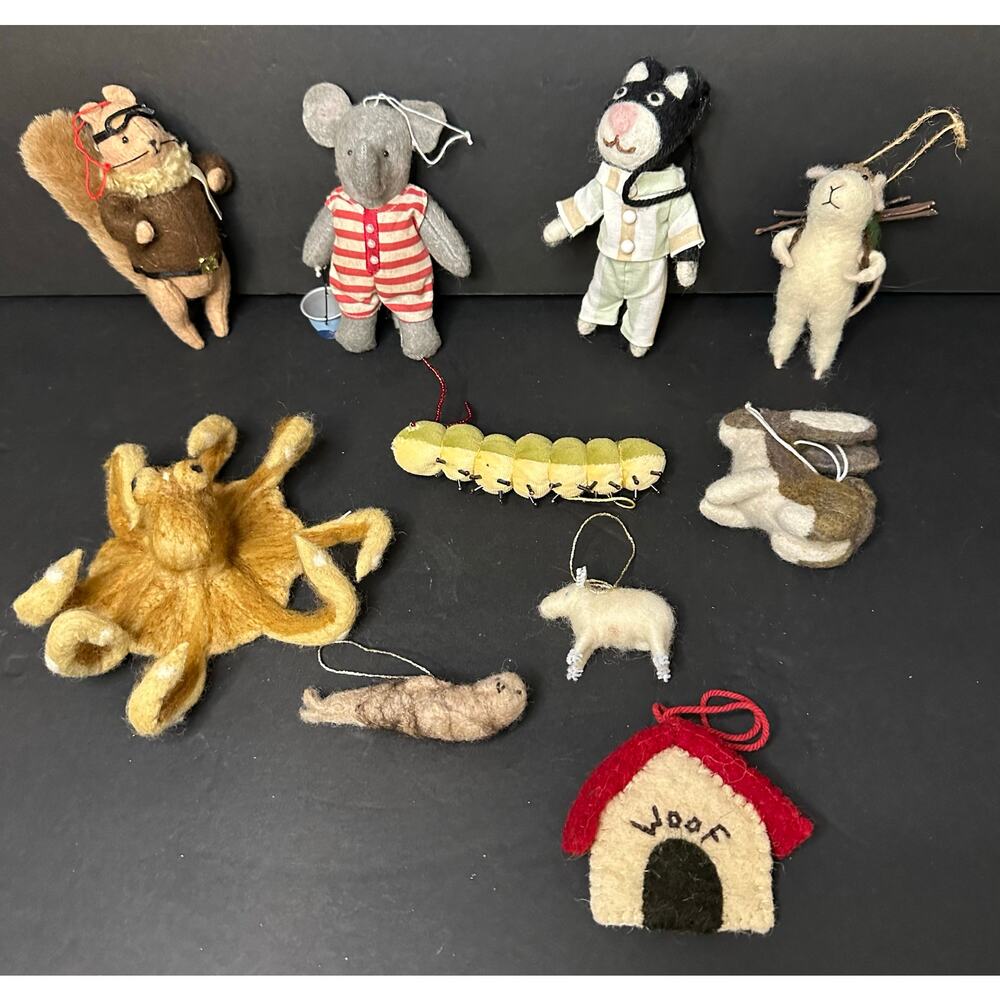 Lot Felt Ornaments –Midwest Cannon Falls Elephant -Rabbit, Cat, Mouse, Look